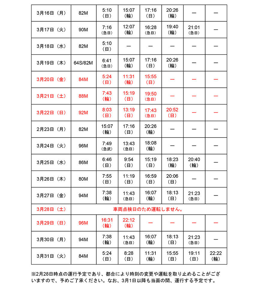 キャプテン翼ラッピング車両3月浦和美園駅発車時刻表