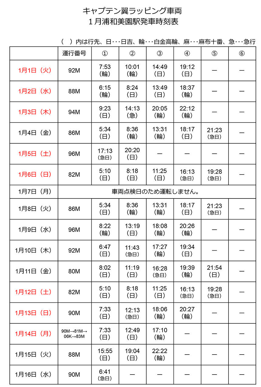 キャプテン翼ラッピング車両 1月浦和美園駅発車時刻表