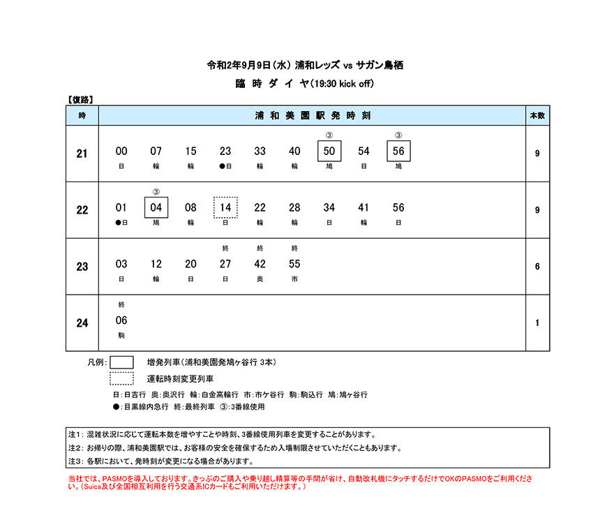 9月9日 水 浦和レッズ Vs サガン鳥栖 臨時ダイヤのご案内 埼玉高速鉄道 埼玉スタジアム線 都心直結 埼玉スタジアム直結