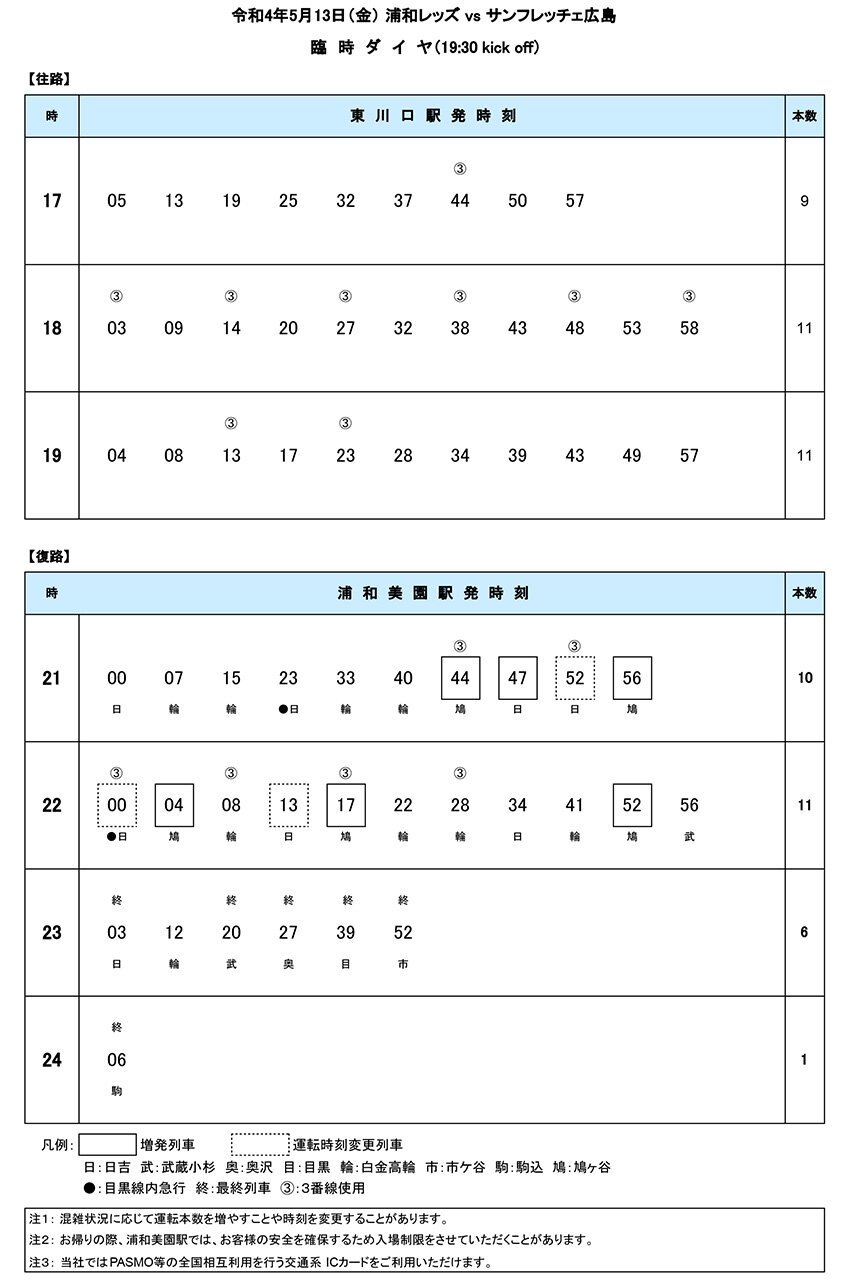 5月13日 金 浦和レッズ Vs サンフレッチェ広島 臨時ダイヤのご案内 埼玉高速鉄道 埼玉スタジアム線 都心直結 埼玉スタジアム直結