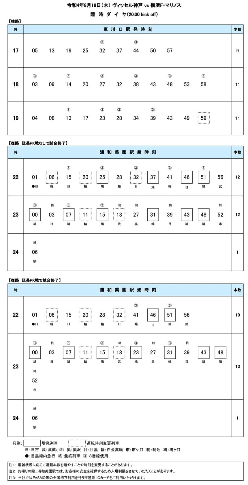 8/18 ヴィッセル神戸 vs 横浜F・マリノス 臨時ダイヤ