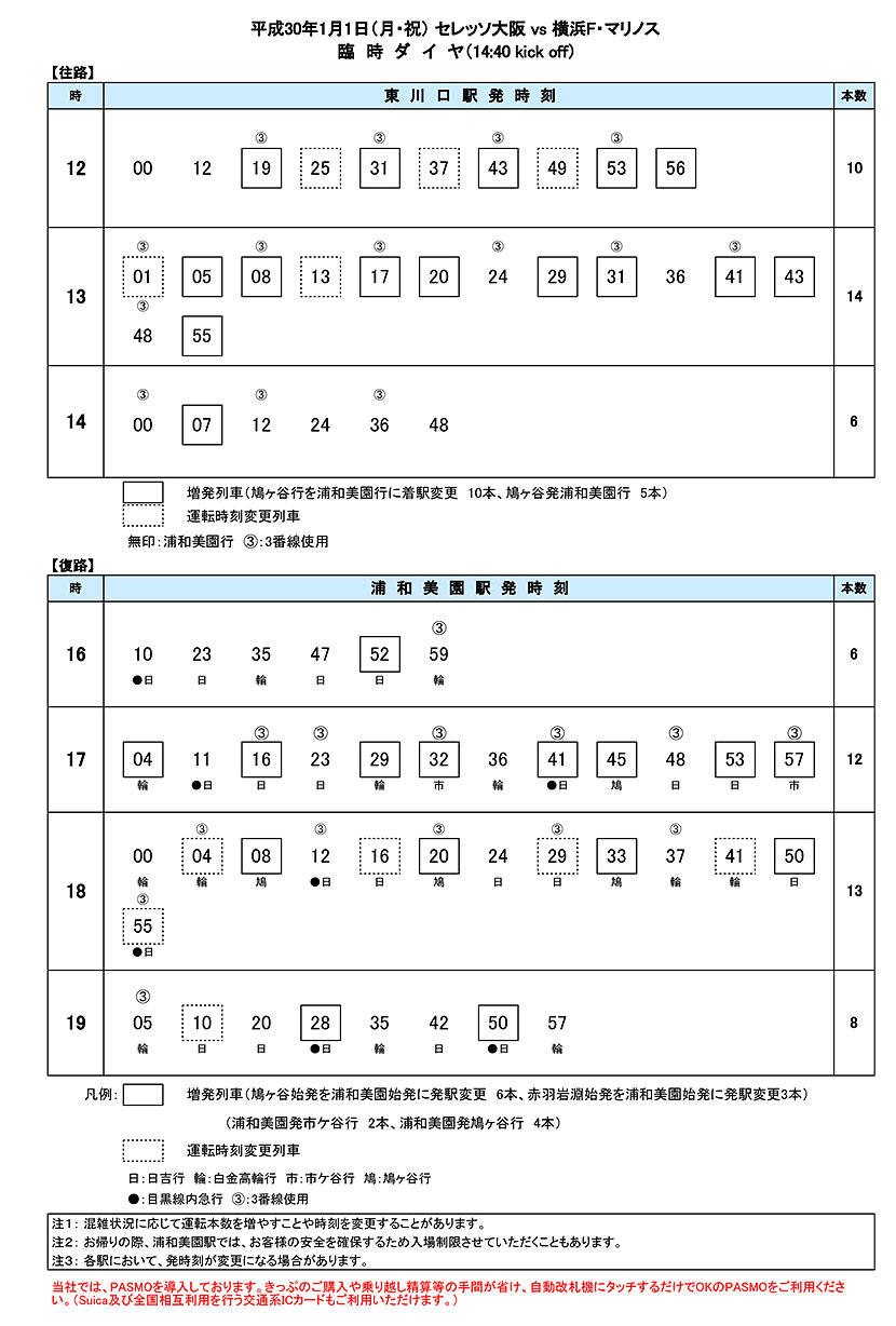 1月1日 元旦 祝 第97回 天皇杯 決勝 セレッソ大阪 Vs 横浜f マリノス 臨時ダイヤのご案内 埼玉高速鉄道 埼玉スタジアム線 都心直結 埼玉スタジアム直結