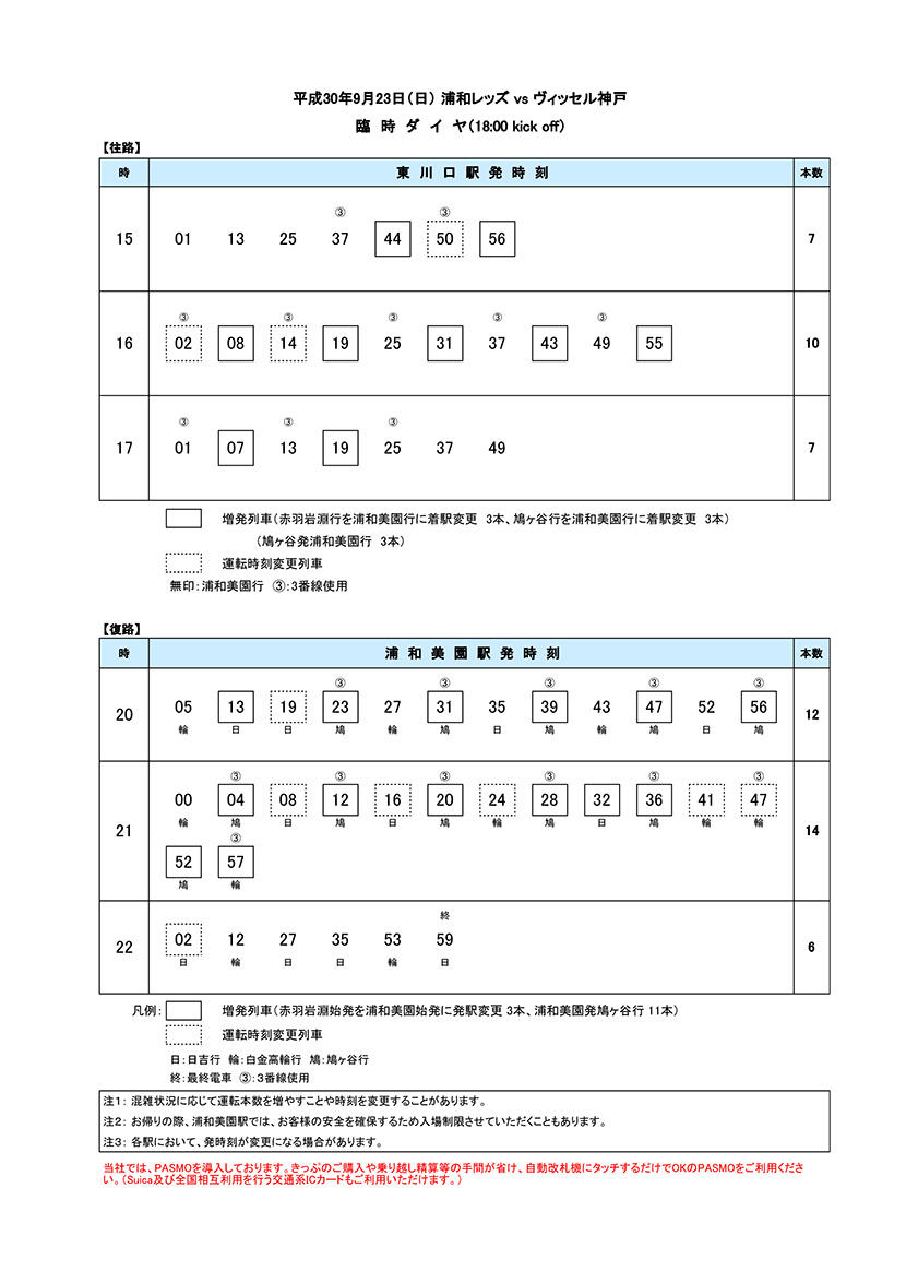 9月23日 日 浦和レッズ Vs ヴィッセル神戸戦 臨時ダイヤのご案内 埼玉高速鉄道 埼玉スタジアム線 都心直結 埼玉スタジアム直結 9月23日 日 浦和レッズ Vs ヴィッセル神戸戦 臨時ダイヤのご案内 埼玉高速鉄道 埼玉スタジアム線 都心直結 埼玉スタジアム直結
