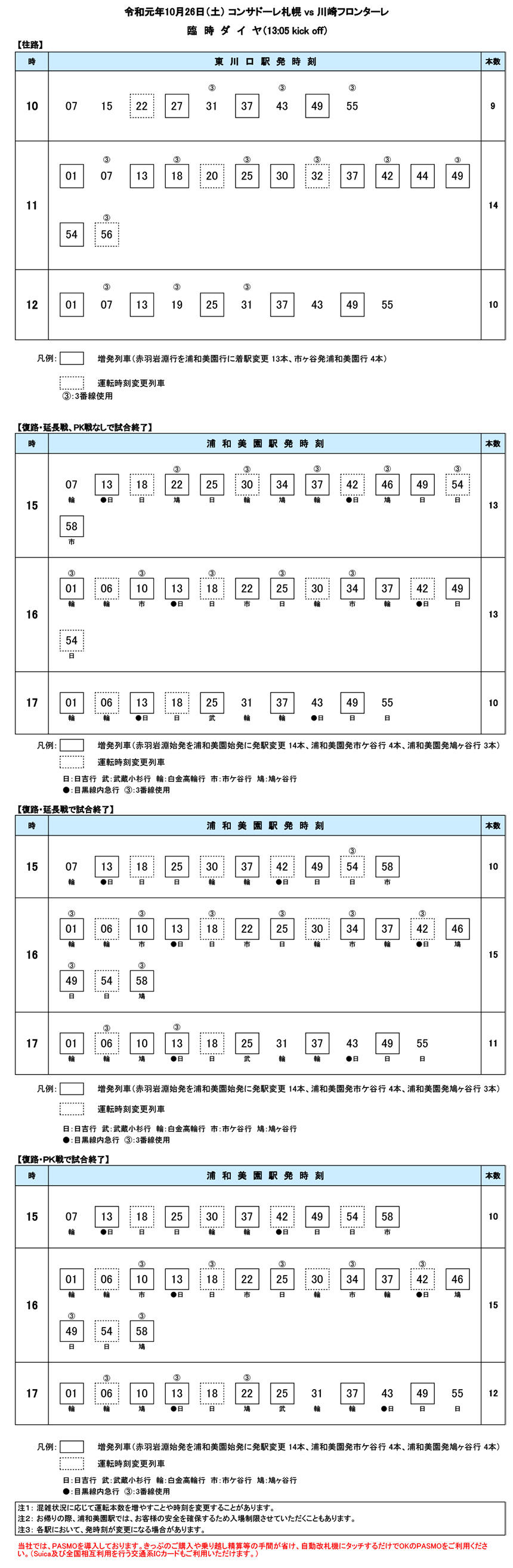 10月26日 土 コンサドーレ札幌 Vs 川崎フロンターレ 臨時ダイヤのご案内 埼玉高速鉄道 埼玉スタジアム線 都心直結 埼玉スタジアム直結