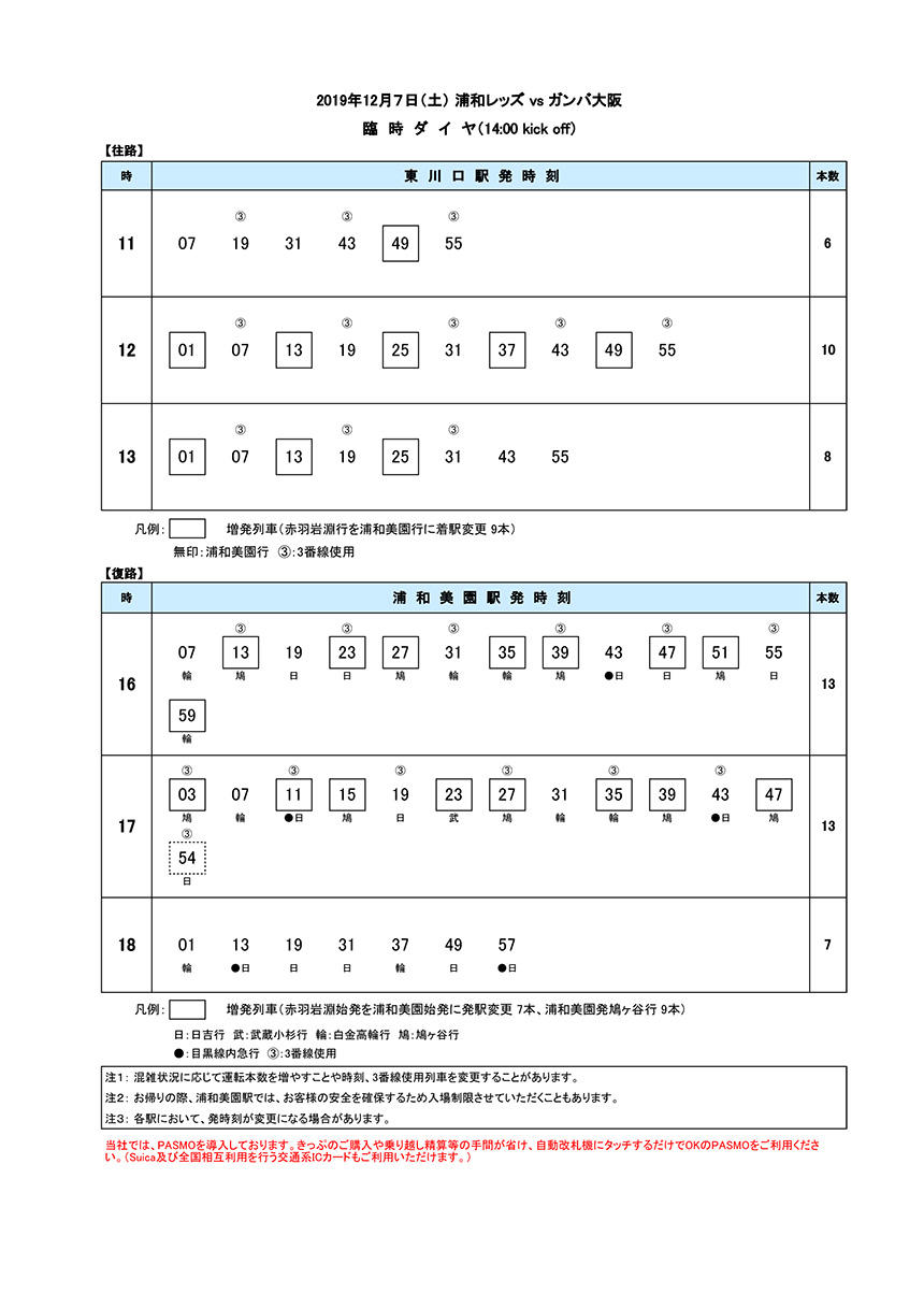 12月7日 土 浦和レッズvs ガンバ大阪 臨時ダイヤのご案内 埼玉高速鉄道 埼玉スタジアム線 都心直結 埼玉スタジアム直結