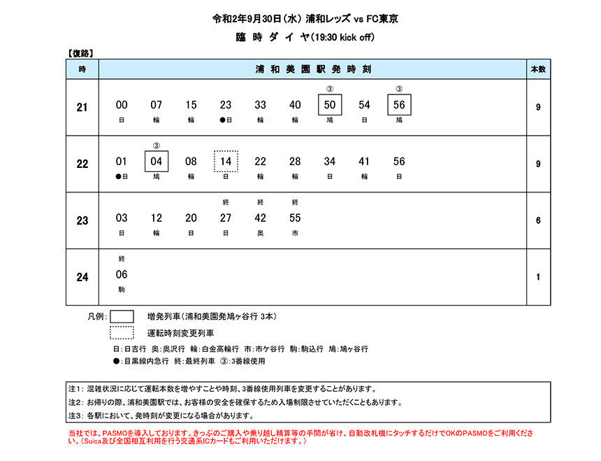 9月30日 水 浦和レッズ Vs Fc東京 臨時ダイヤのご案内 埼玉高速鉄道 埼玉スタジアム線 都心直結 埼玉スタジアム直結