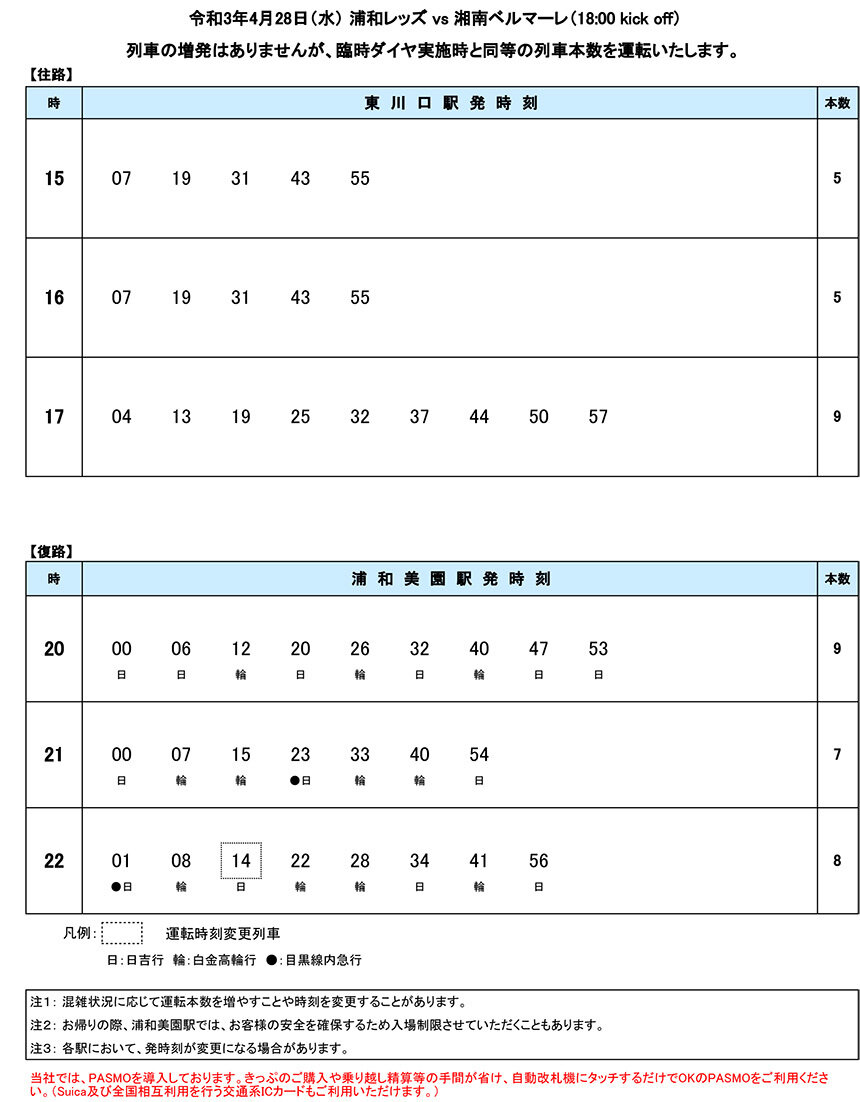 4月28日 水 浦和レッズ Vs 湘南ベルマーレ ダイヤのご案内 埼玉高速鉄道 埼玉スタジアム線 都心直結 埼玉スタジアム直結