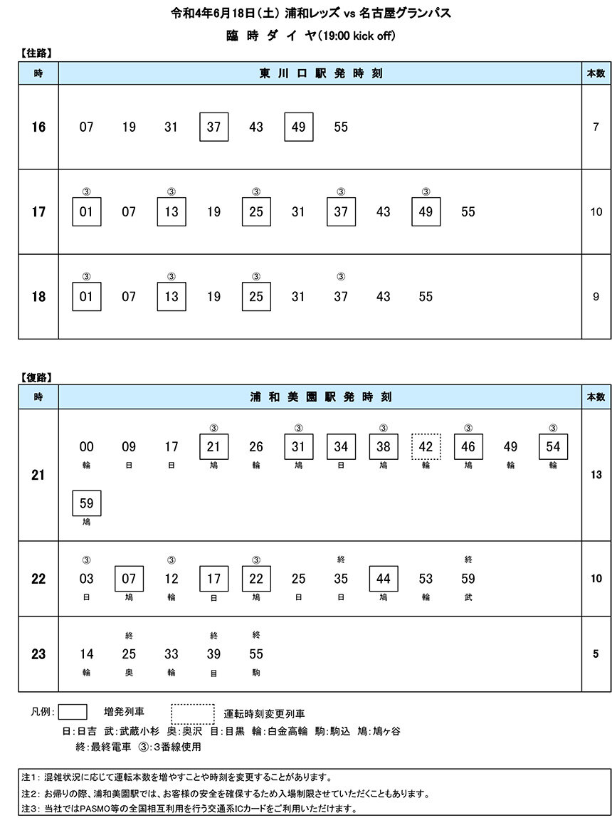 6月18日 土 浦和レッズ Vs 名古屋グランパス 臨時ダイヤのご案内 埼玉高速鉄道 埼玉スタジアム線 都心直結 埼玉スタジアム直結