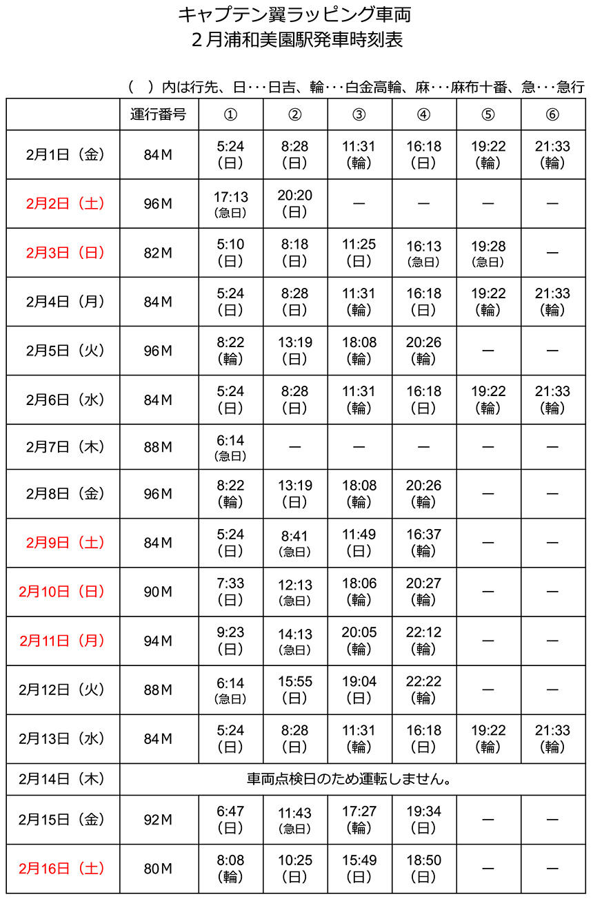 キャプテン翼ラッピング車両 2月浦和美園駅発車時刻表 埼玉高速鉄道 埼玉スタジアム線 都心直結 埼玉スタジアム直結