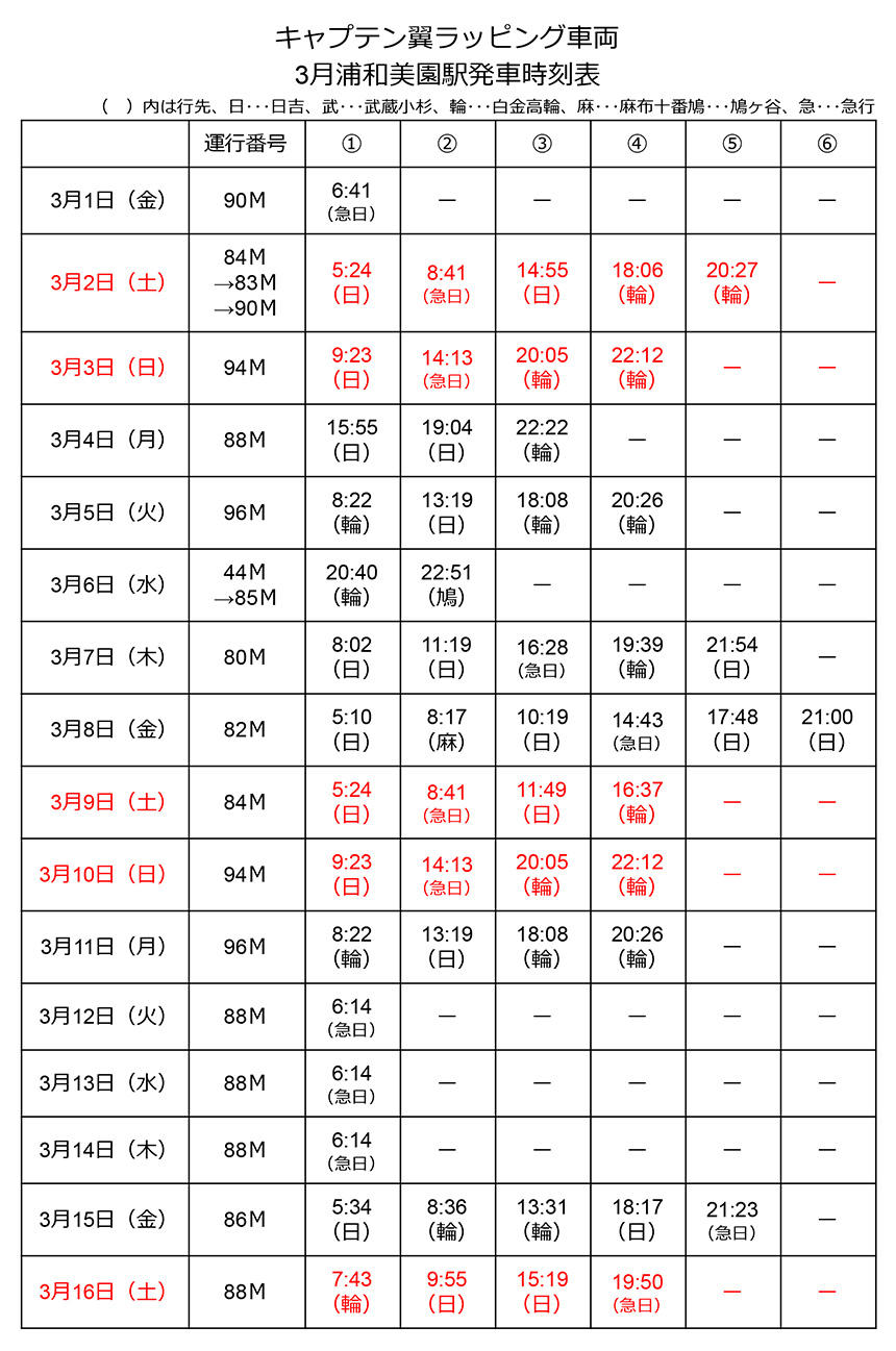 キャプテン翼ラッピング車両 3月浦和美園駅発車時刻表