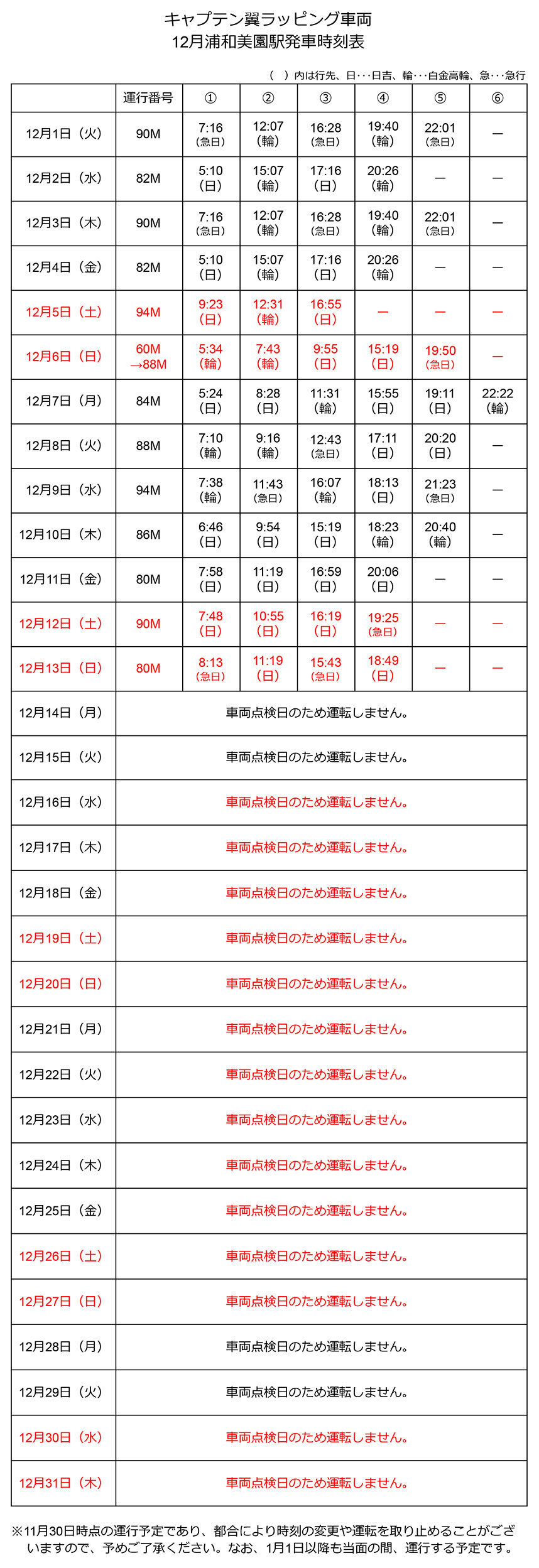 キャプテン翼ラッピング車両 12月浦和美園駅発車時刻表 埼玉高速鉄道 埼玉スタジアム線 都心直結 埼玉スタジアム直結