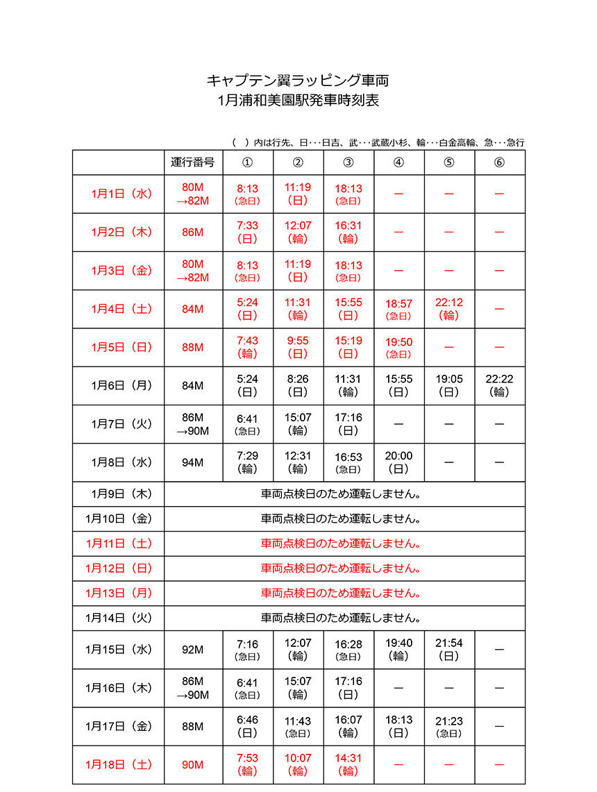 キャプテン翼ラッピング車両 1月浦和美園駅発車時刻表 埼玉高速鉄道 埼玉スタジアム線 都心直結 埼玉スタジアム直結