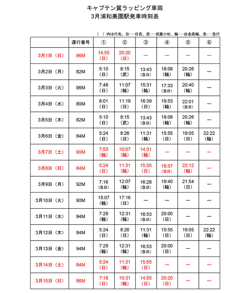 キャプテン翼ラッピング車両3月浦和美園駅発車時刻表