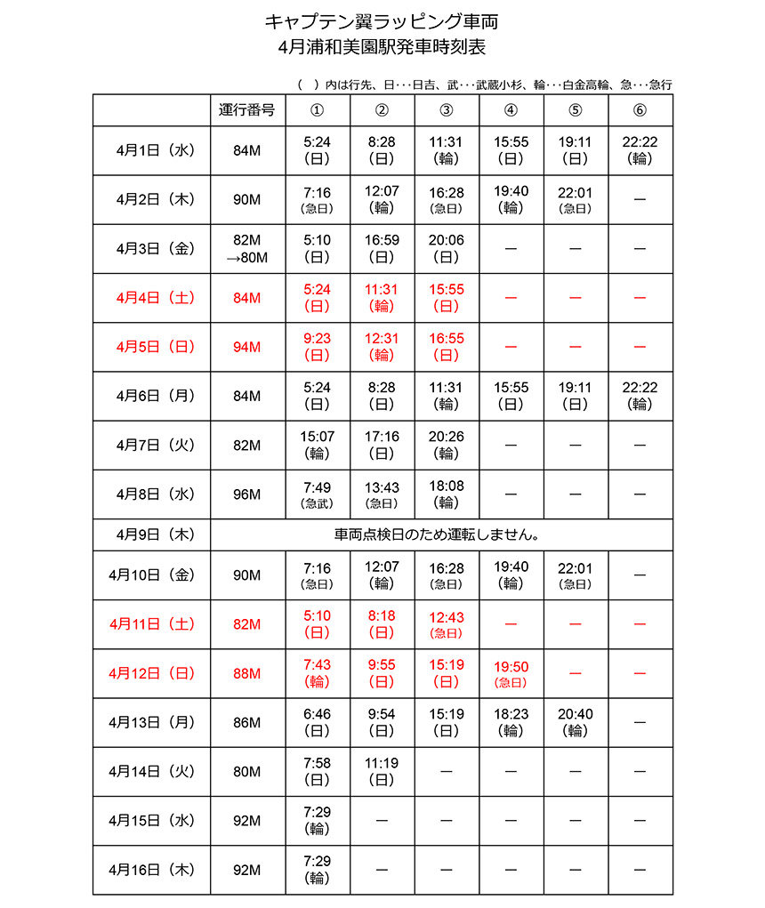 キャプテン翼ラッピング車両4月浦和美園駅発車時刻表