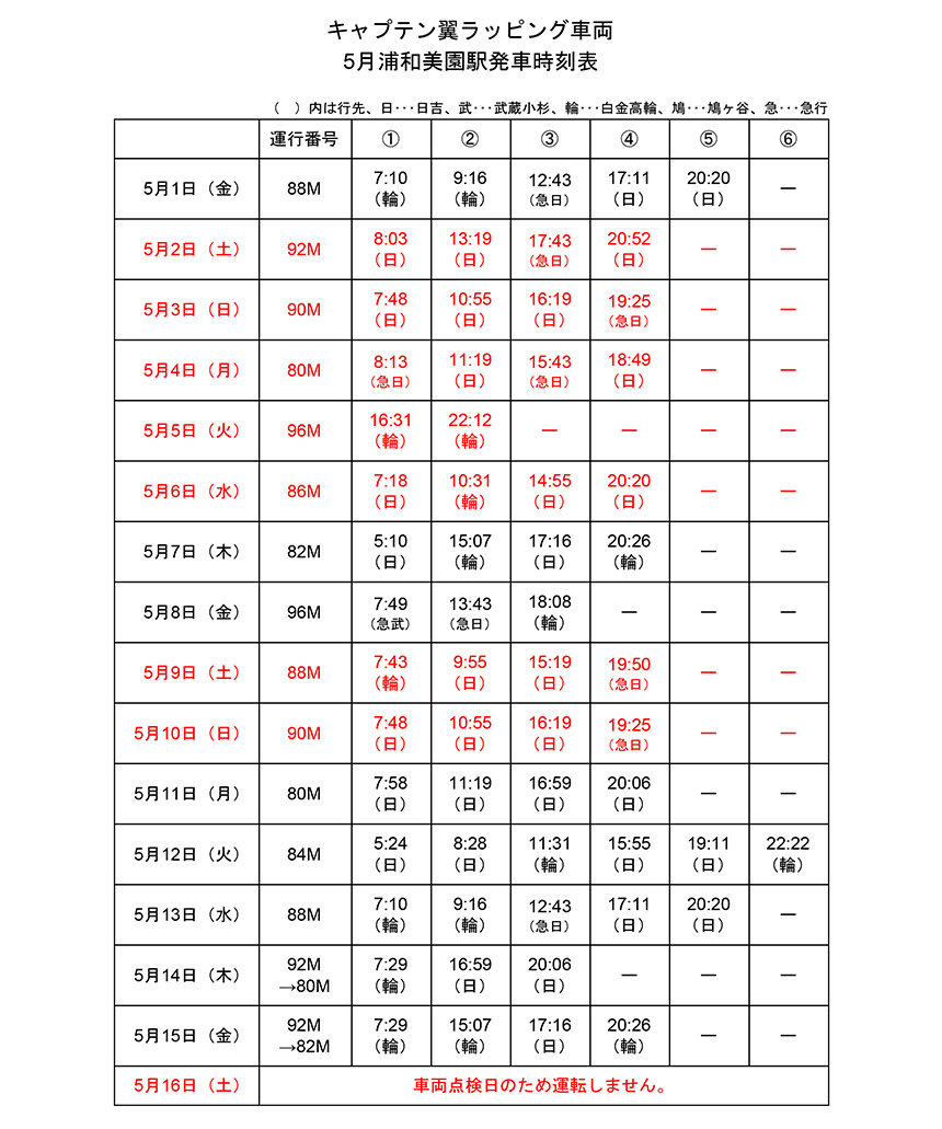 キャプテン翼ラッピング車両5月浦和美園駅発車時刻表