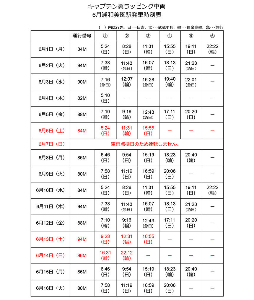 キャプテン翼ラッピング車両 6月浦和美園駅発車時刻表 埼玉高速鉄道 埼玉スタジアム線 都心直結 埼玉スタジアム直結