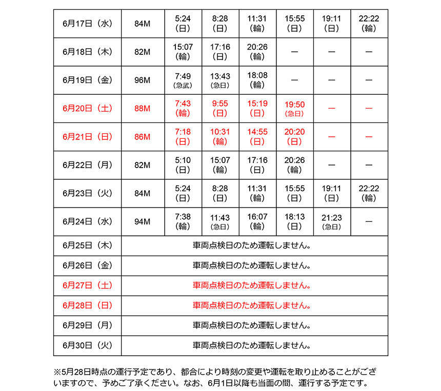 キャプテン翼ラッピング車両6月浦和美園駅発車時刻表