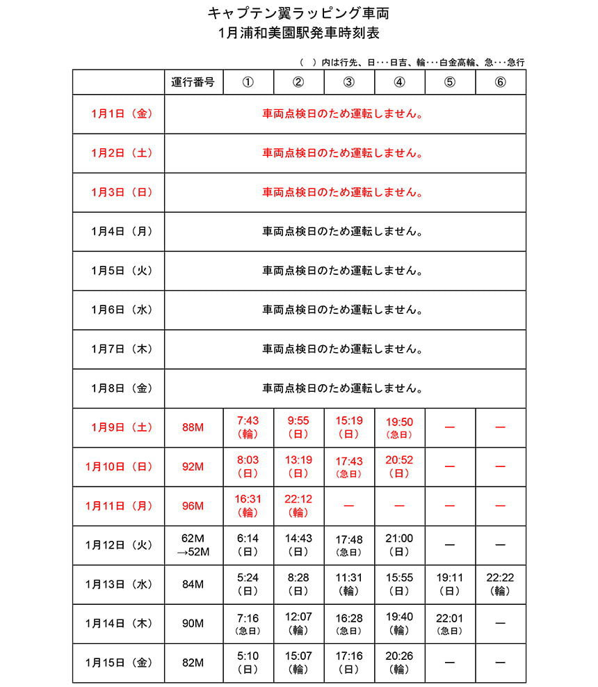 キャプテン翼ラッピング車両 1月浦和美園駅発車時刻表 埼玉高速鉄道 埼玉スタジアム線 都心直結 埼玉スタジアム直結