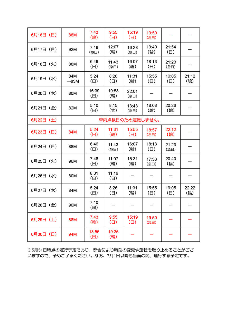 キャプテン翼ラッピング車両6月浦和美園駅発車時刻表